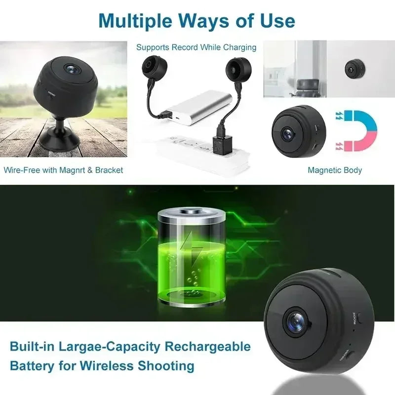 Mini wireless surveillance camera, WiFi, security & remote monitoring.