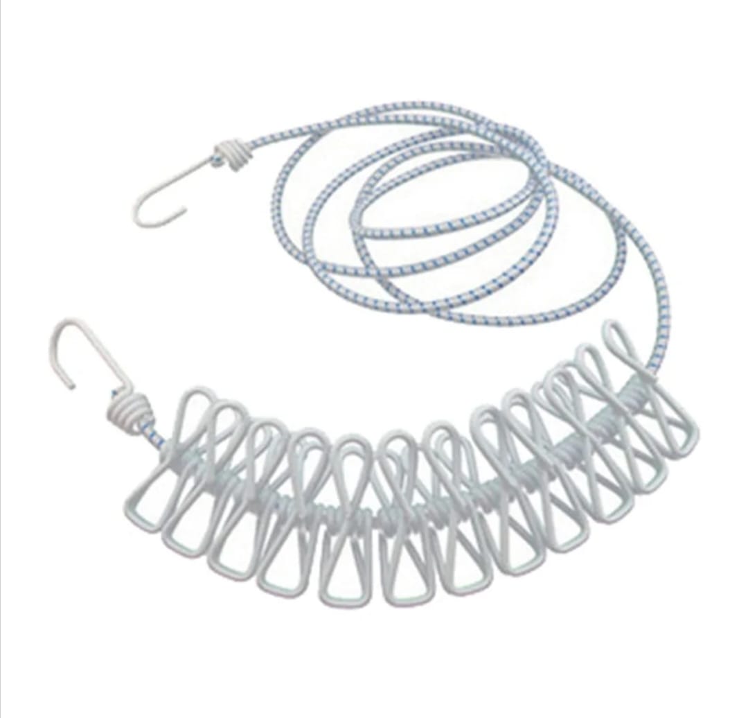 Portable Drying Rope with 12 Clips and 2 Hooks