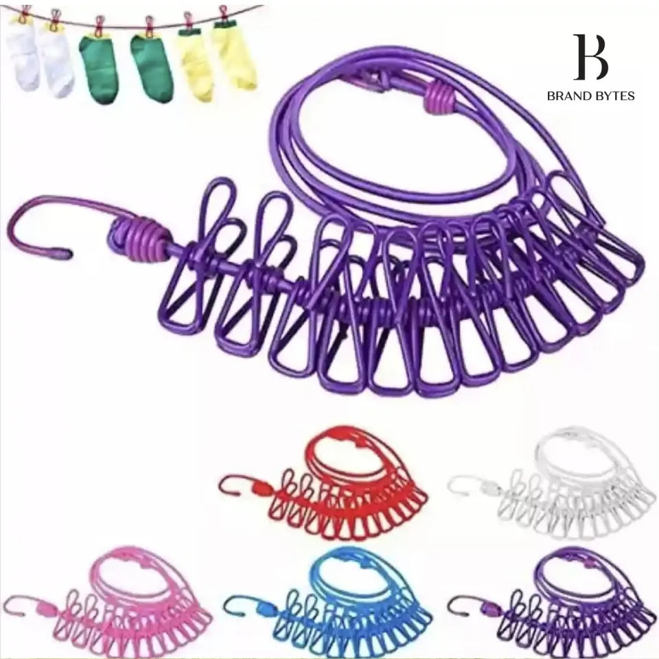 Portable Drying Rope with 12 Clips and 2 Hooks